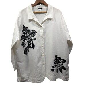 FREE WILL BY DEMOCRACY Womens 2XL Linen Blend White Button Up Collared Shirt